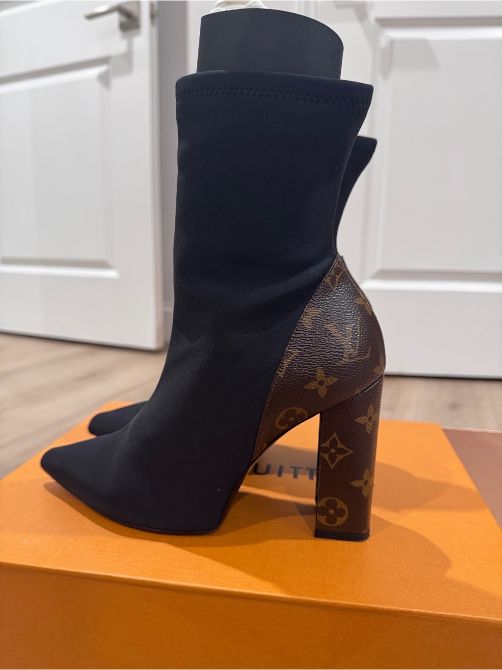 Louis Vuitton Black Sock Boot with Monogram Block Heel